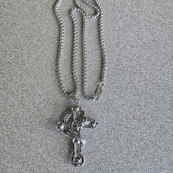 Vintage Dragon Skull Cross Mystical Punk Style Stainless Steel Pendant Necklace - Picture 13 of 13